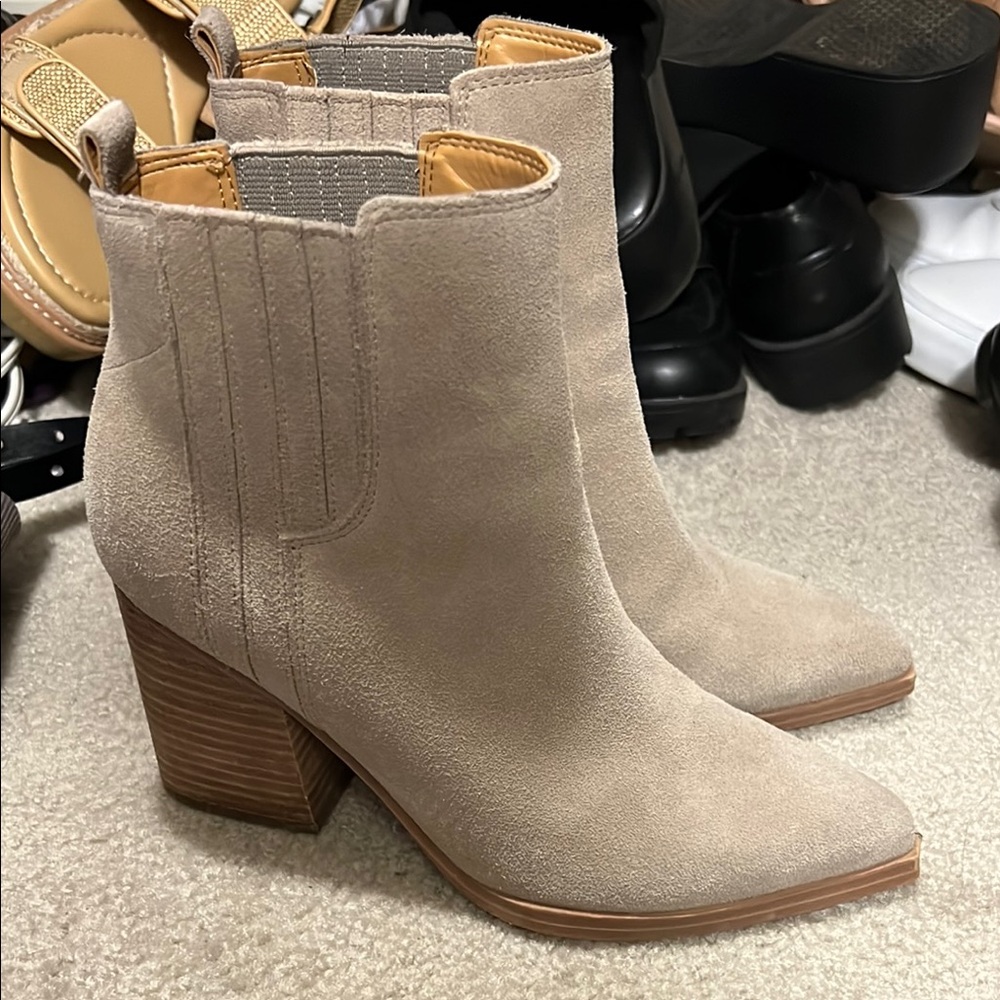 Marc Fisher Tan Ankle Booties with Stacked Heel